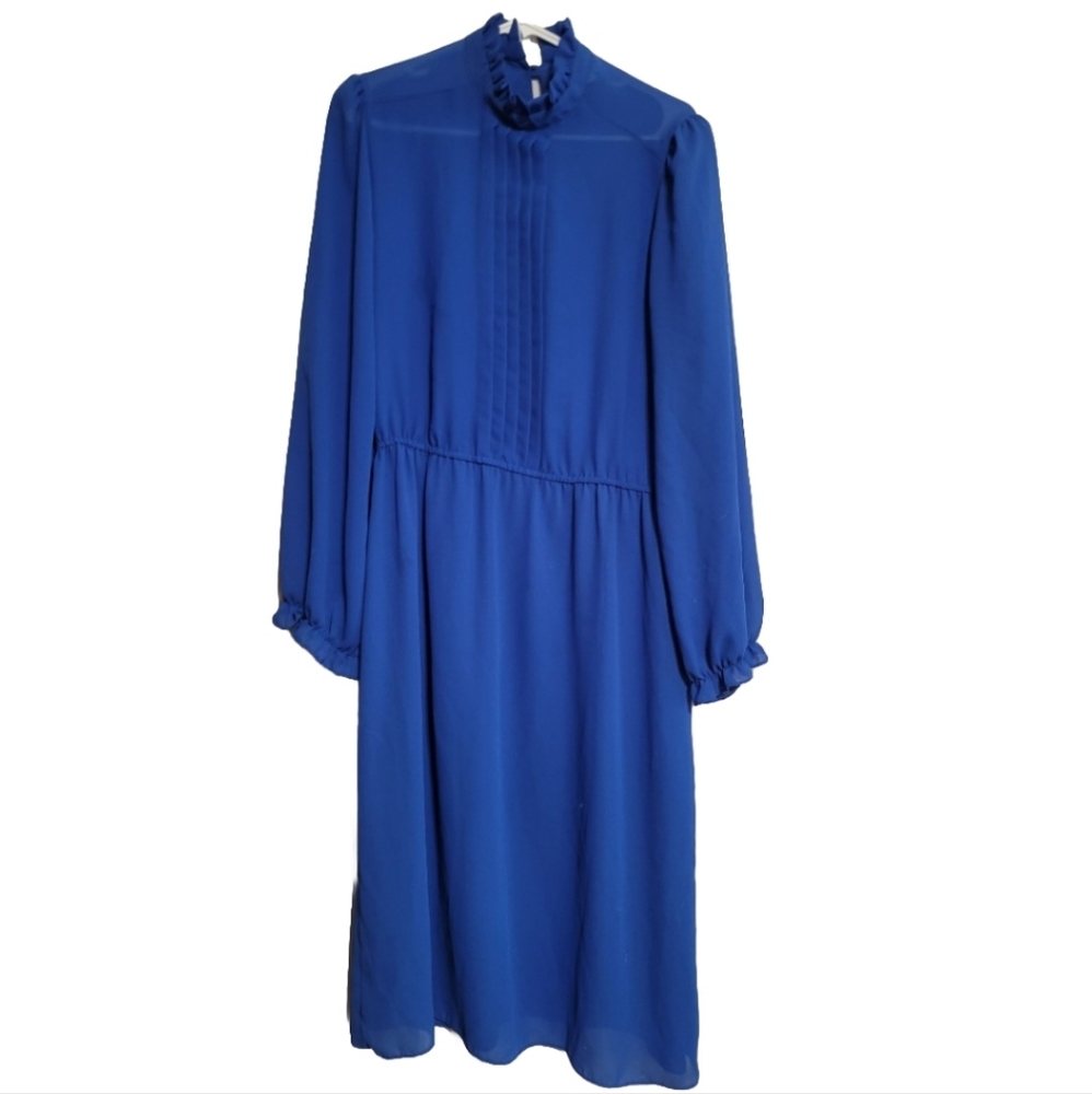 Sears Dress Vintage Blue Size 13/14 XL Semi Sheer Frilly Coquette‎ Midi 70s